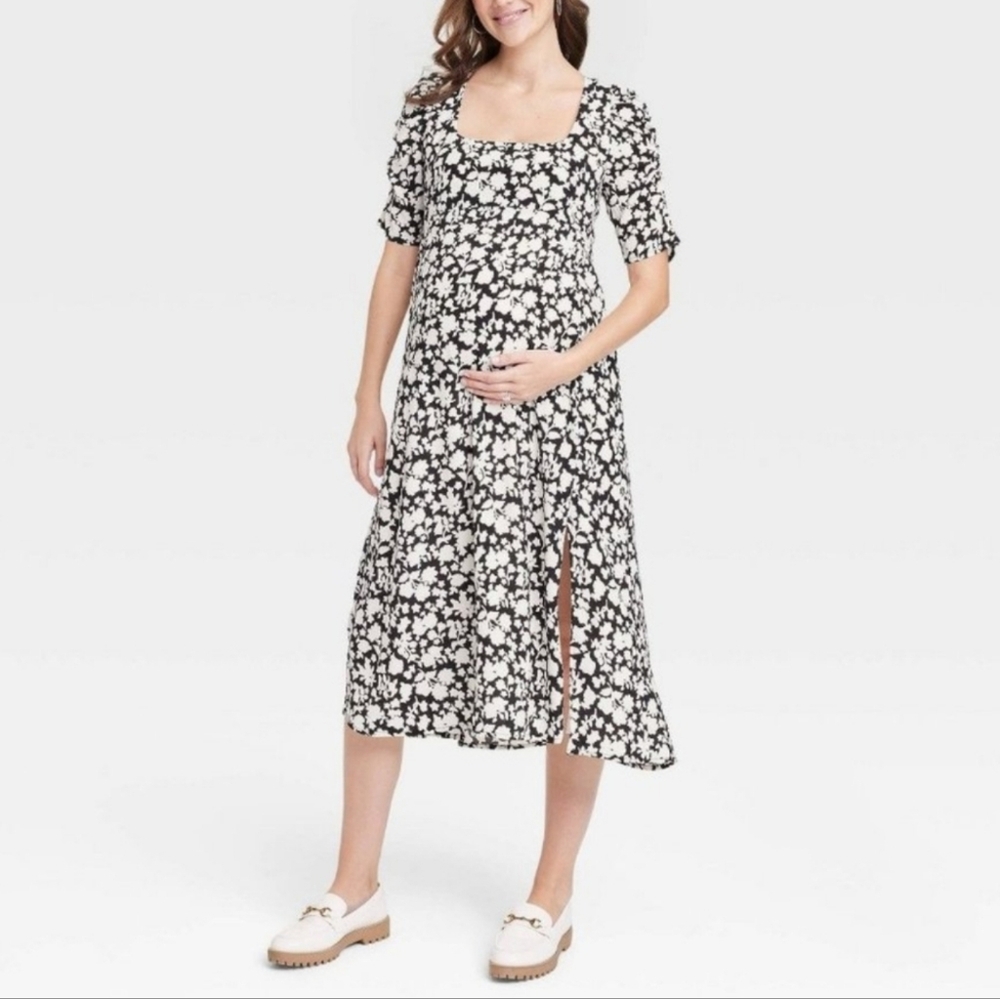 the Nines by HATCH floral elbow sleeve ruched maternity dress slit midi